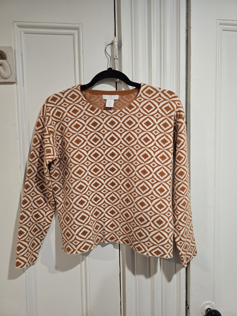 H by Halston Geometric Knit Sweater in Orange & White Size XS